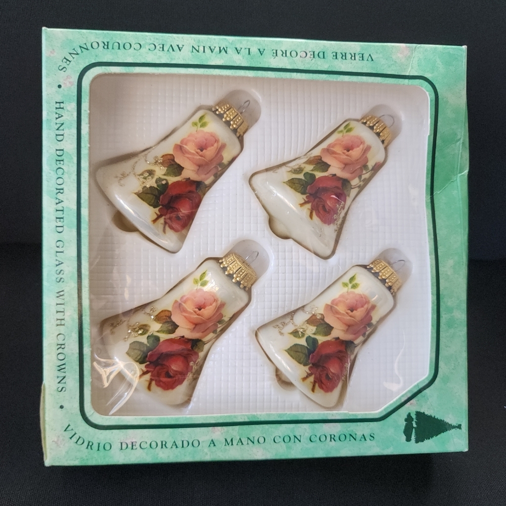 Vtg KREBS Glass Bell Christmas Tree Ornaments x 4 Roses Crown Victorian Orig Box